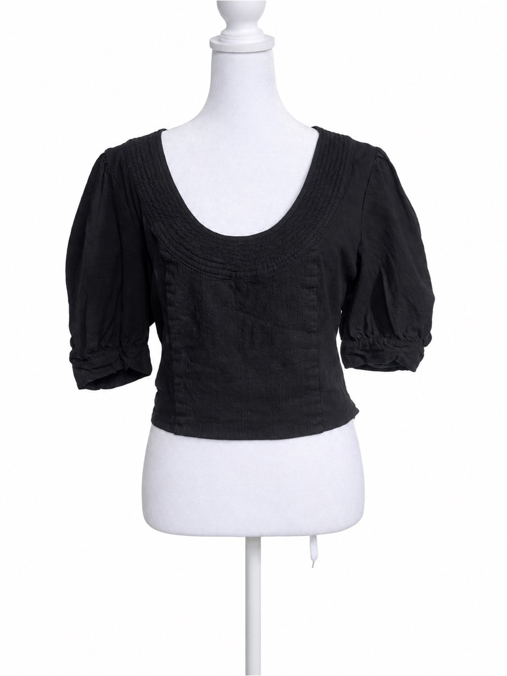 Anthropologie Puff Sleeve Scoop Neck Linen Crop Fitted Side Zip Top Black M
